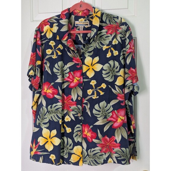 VTG Sunset Cove Hawaiian Shirt Womens Plus 3X S/S Navy Red Hibiscus Floral - Picture 1 of 4